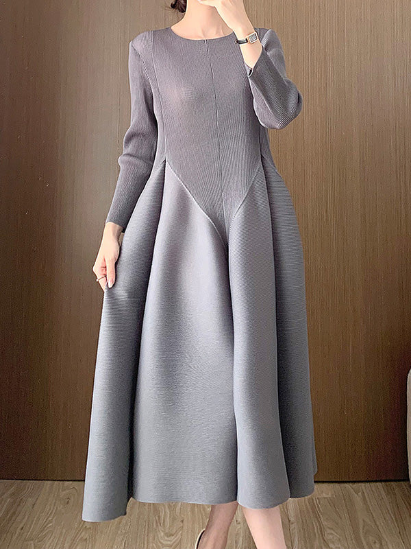 A-Line Loose Pleated Solid Color Split-Joint Round-Neck Midi Dresses