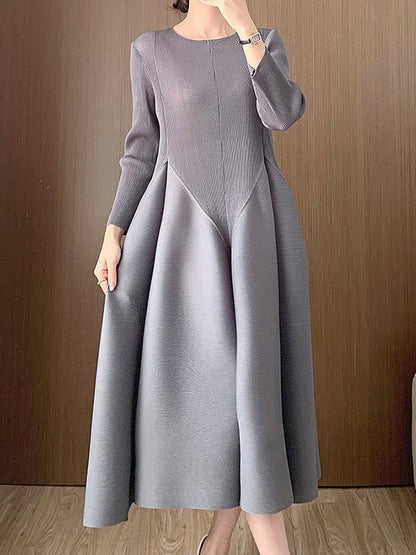 A-Line Loose Pleated Solid Color Split-Joint Round-Neck Midi Dresses