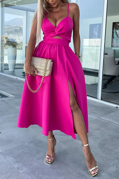 Twist Front Cutout Spaghetti Strap Pocket Side Slit A-Line Midi Dress