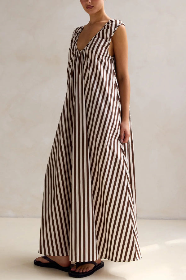 Striped Polka Dot Print Loose Sleeveless Casual Vacation Maxi Dress