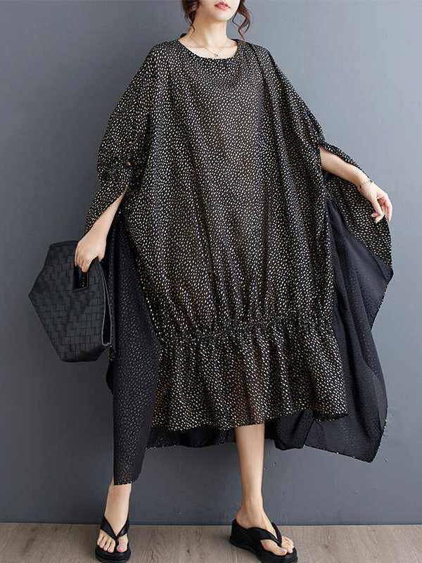 Batwing Sleeves Half Sleeves Elasticity Polka-Dot Split-Joint Round-Neck Midi Dresses