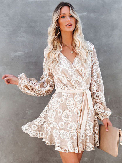 Wrap Dress V-Neck Surplice Belted Long Sleeves Lace Flared Mini Dresses