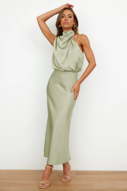Satin High Neck Keyhole Back Sleeveless Bias-Cut A-Line Maxi Dress
