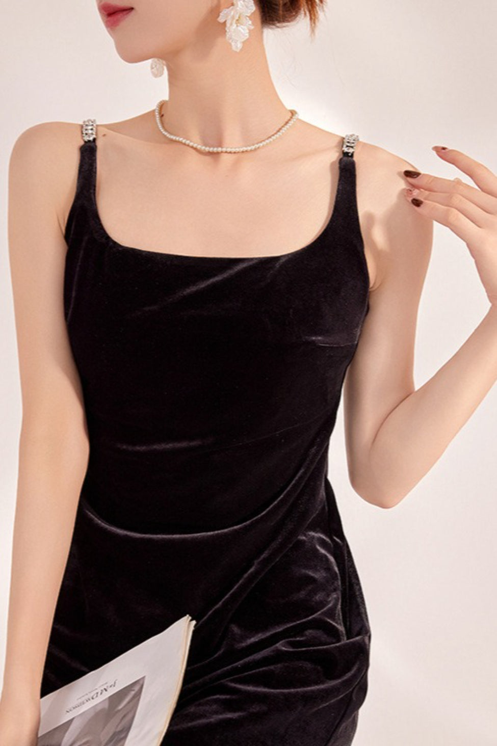 Square Neck Rhinestone Strap Velvet Mermaid Maxi Dress