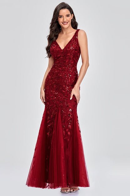 V Neck Sheer Embroidered Sequin Sexy Prom Dress