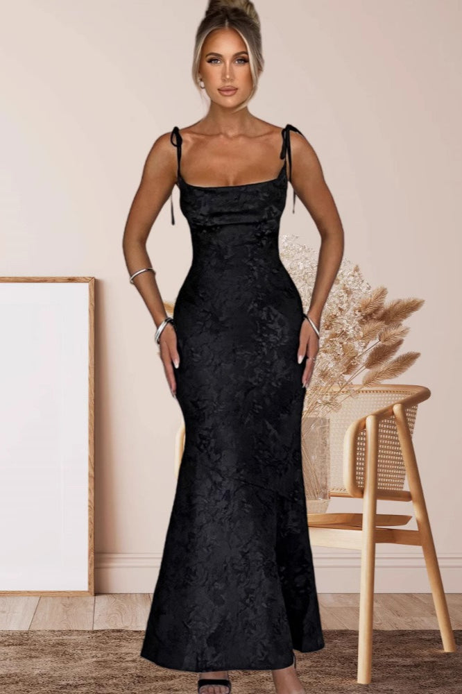 Tie-Shoulder Jacquard Floral Mermaid Maxi Formal Gown