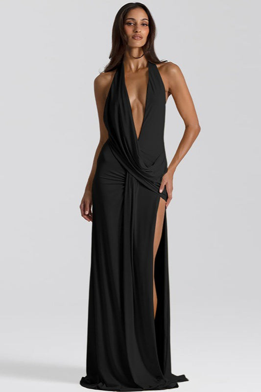 | Solid Halter Deep V Backless Slit Maxi Dress