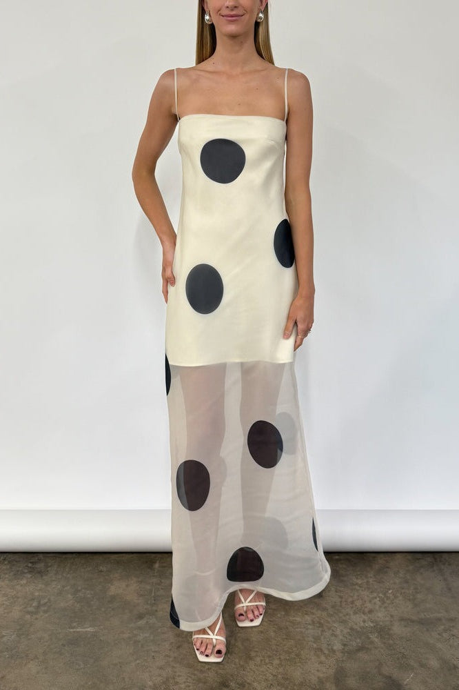 Polka Dot Strapless Opaque Bodice Sheer Mesh Skirt Maxi Dress