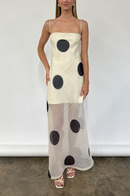 Polka Dot Strapless Opaque Bodice Sheer Mesh Skirt Maxi Dress