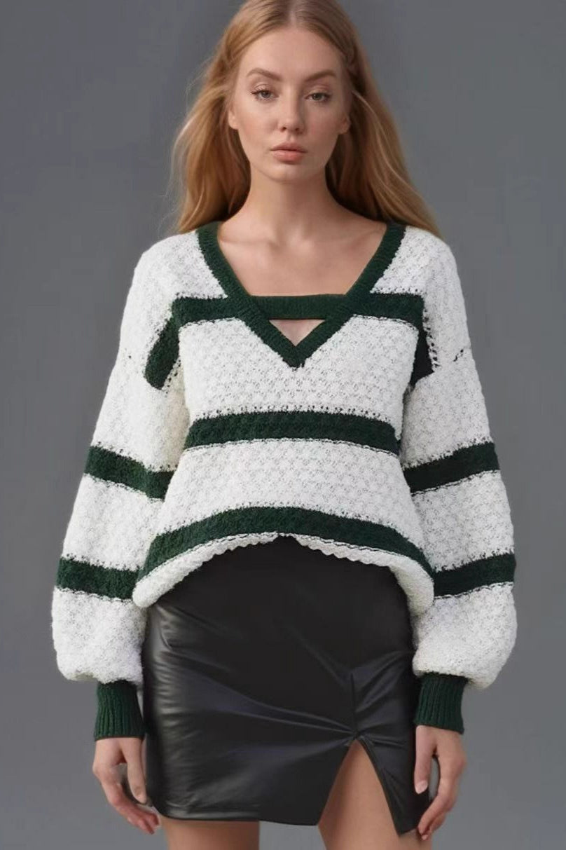 Bell Sleeve Color Block Knit Sweater
