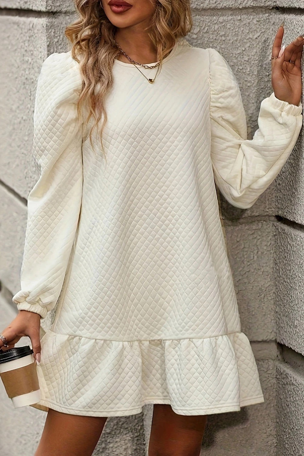 Quilted Puff Sleeve Round Neck Ruffle Hem Mini Dress