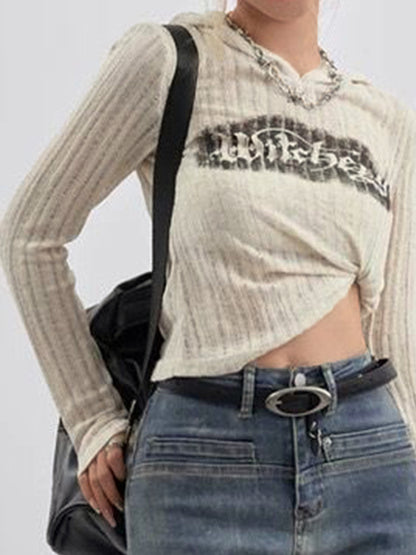 Letter Print Hooded Thin Long Sleeve Knit