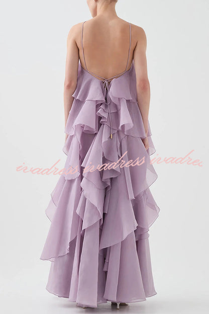 Free - Flowing Rose Detail Tiered Ruffles Halter A-line Maxi Dress