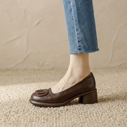 Women's Brown Closed-Toe Leather Shoes With Block Heels – Stylish Comfortable Footwear