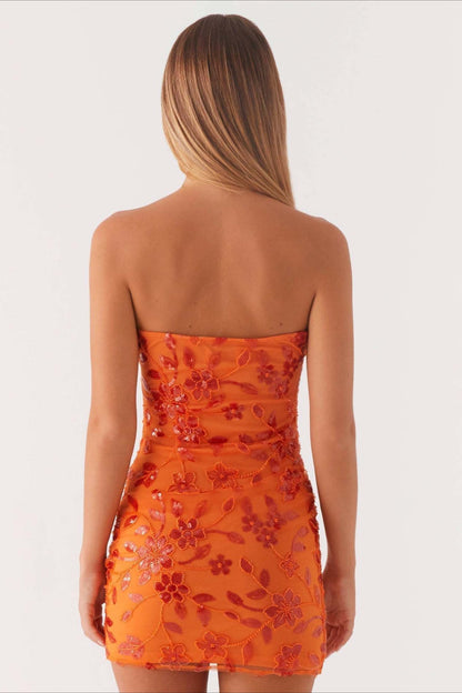 Strapless Floral Embroidered Sequin Mesh Ruched Bodycon Mini Dress