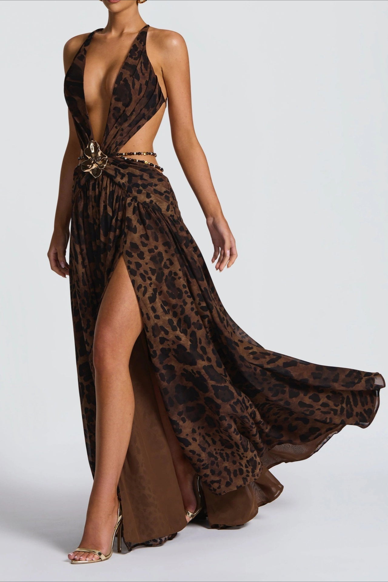 Chiffon Deep V-Neck Waist Cut Out Butterfly Buckle Chain Belt High Split Maxi Dress
