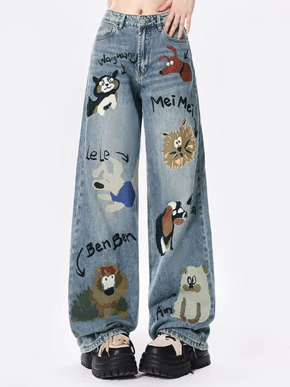 Graffiti Print American High Waist Loose Jeans Boyfriend Jeans