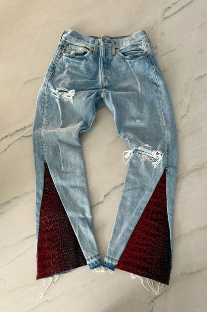 Stylish Attitude Denim Mid Rise Distressed Red Croc Hem Pocket Flare Jeans