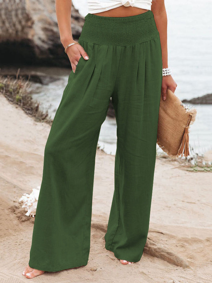 Khaki Linen Pants Wide Leg Elastic Waist Summer Trousers