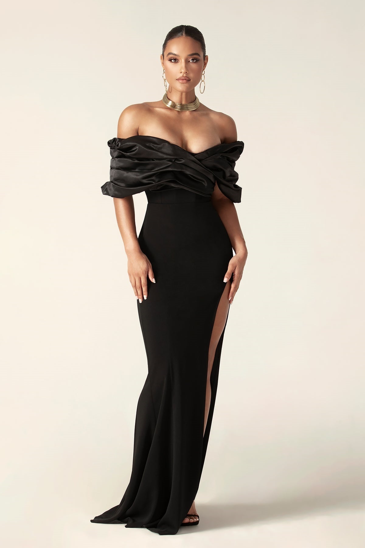 Off Shoulder Satin Ruffle Tiered Bodice High Slit Column Maxi Dress