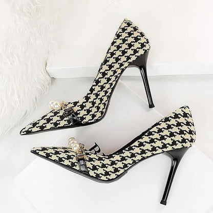 Grain Women Pumps with Pearl Chain Design - High Quality High Heels