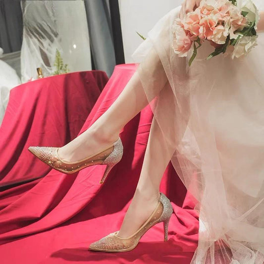 Sequined Gauze Rhinestone Pointy Toe High Heel Party Shoes