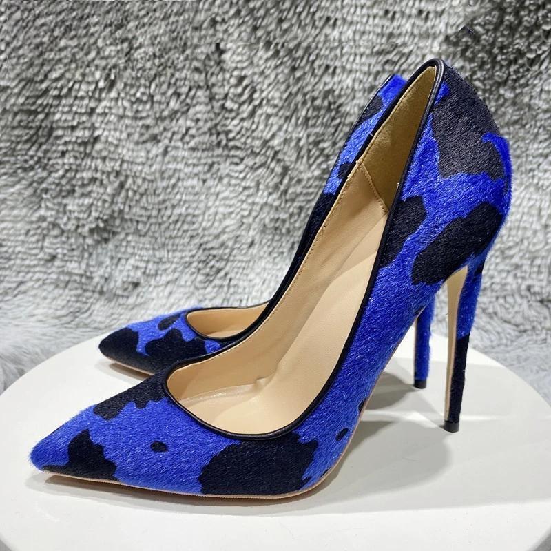 Blue Cow Women Hairy Flock Pointy Toe High Heel Shoes   Cow Women High Heel Shoes
