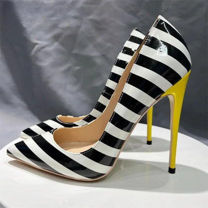 Striped Print Women Pointy Toe Stiletto Pumps with Yellow Heels
