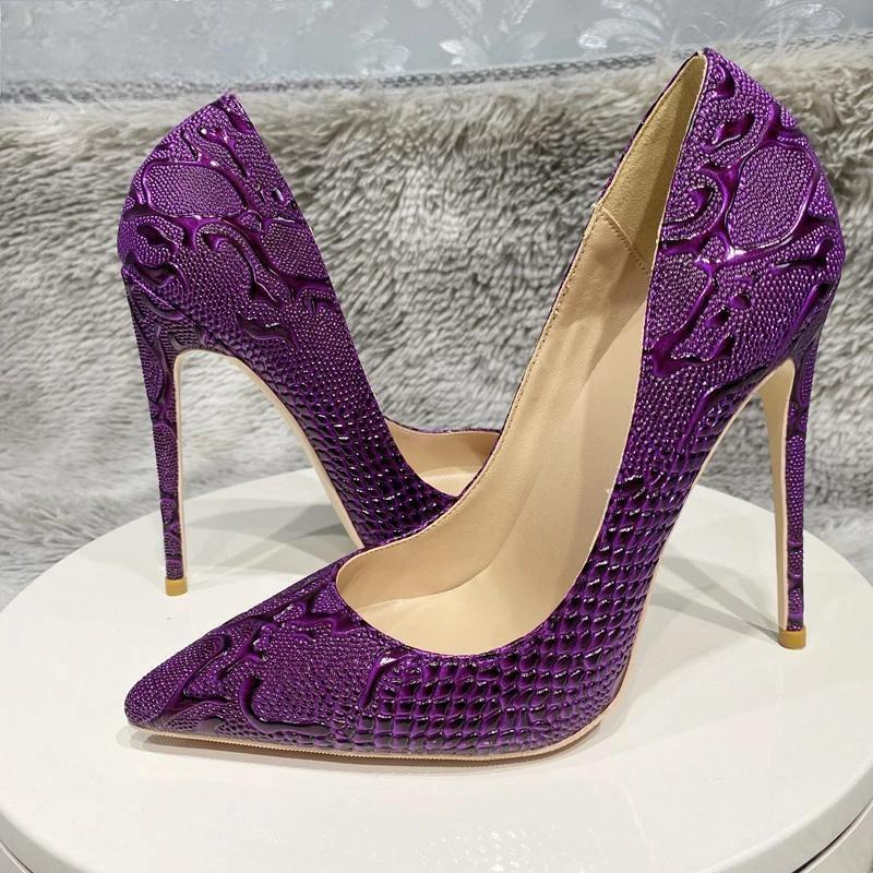 Purple Crocodile Embossed Pointy Toe Slip On High Heel Shoes for Women
