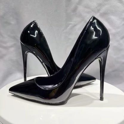Black Patent Pointy Toe High Heel Stilettos for Women - Slip On OL Formal Dress Shoes