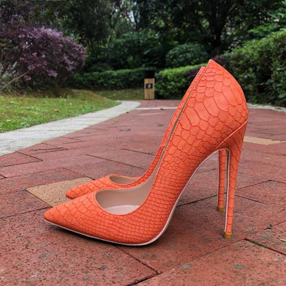 Orange Croc-Effect Pointy Toe High Heels for Women