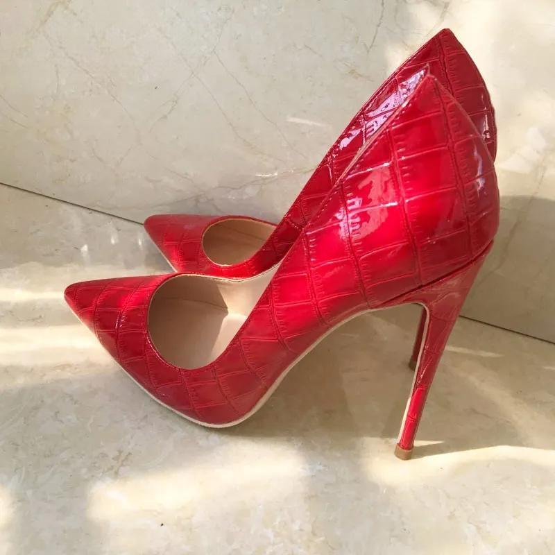Red Crocodile-Effect Embossed Stiletto High Heels for Women
