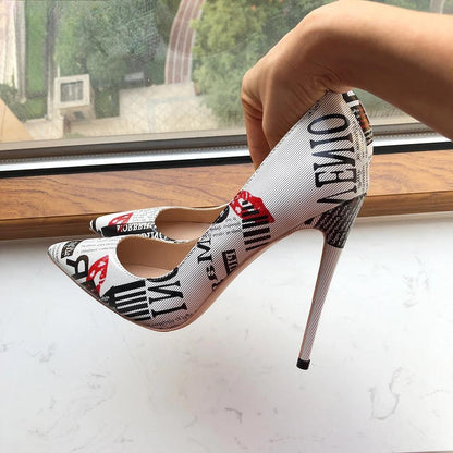 White Pointy Toe High Heel Dress Shoes with Graphic Print for Women