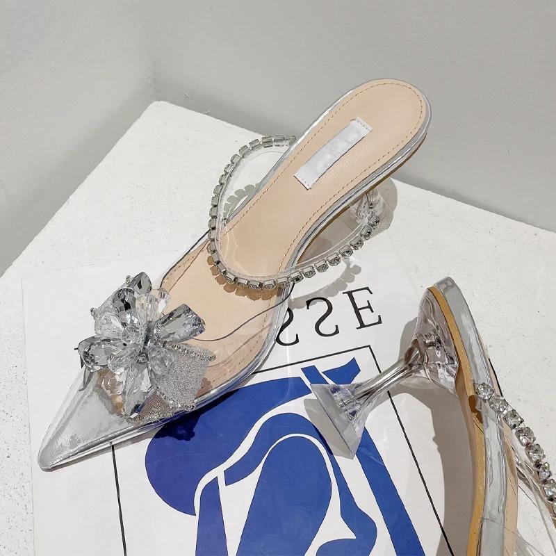 Silver String Bead Crystal Buckle Women Pumps with Pointed Toe and Low Heels