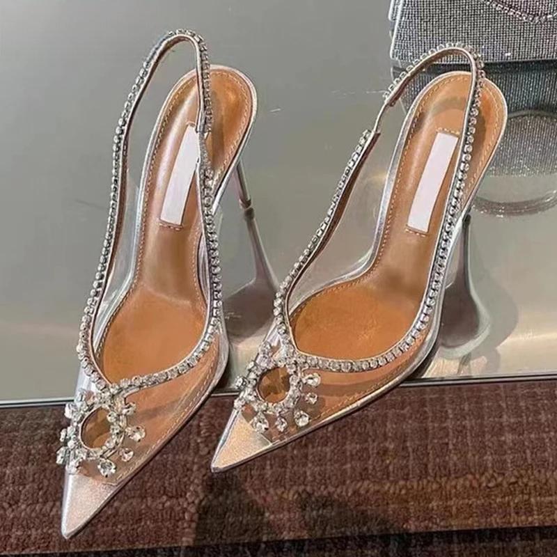 Clear Rhinestone Women Sandals Pumps with Hollow Out Slingbacks and High Heels