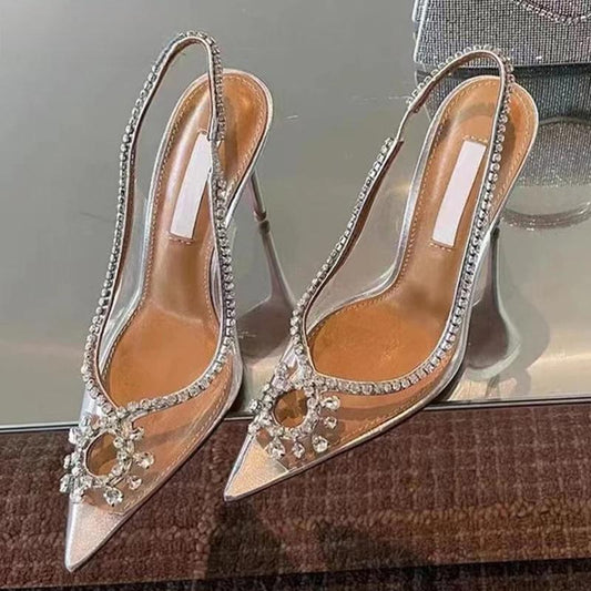 Clear Rhinestone Women Sandals Pumps with Hollow Out Slingbacks and High Heels