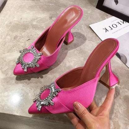 Red Silk Satin Pointed Toe Pumps with Rhinestone Crystal Wedding Slip On Strange Style Heel