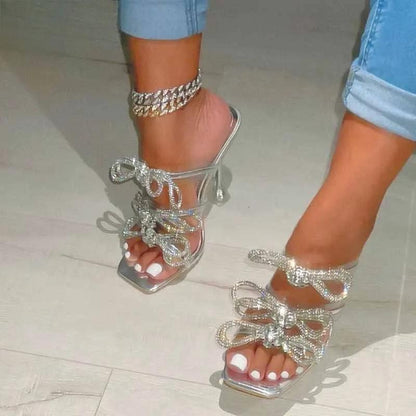 Crystal Butterfly-Knot Designer Sandals with Clear Heels