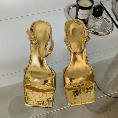 Gold Silver Women Slipper with Square Toe Low Heels Sandal