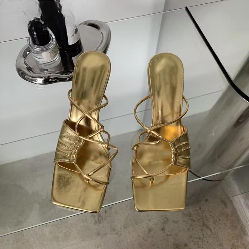 Gold Narrow Band Women Slipper with Square Pinch Toe and Low Heel