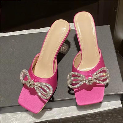 Crystal Butterfly-knot Slippers Women Fashion Square Toe Transparent Low Heels