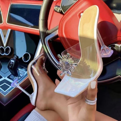 PVC Transparent Crystal Sun Flowers Buckle Slipper for Women