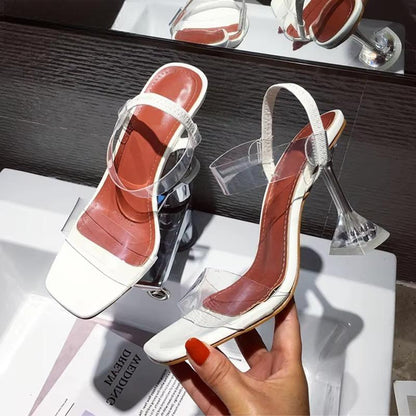 White Yellow PVC Jelly Sandals with Crystal Open Toe and Perspex Spike Transparent Heel