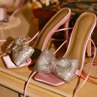 Butterfly Knot Rhinestone Lace Up Sandals for Women