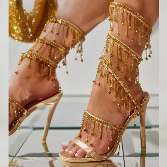 Rhinestone Golden Crystal Sandals for Women's Summer Fashion
