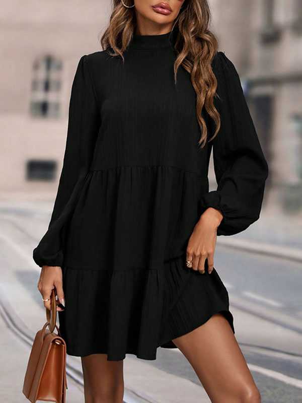 A-Line Long Sleeves Hollow Pleated Solid Color Split-Joint Mock Neck Mini Dresses