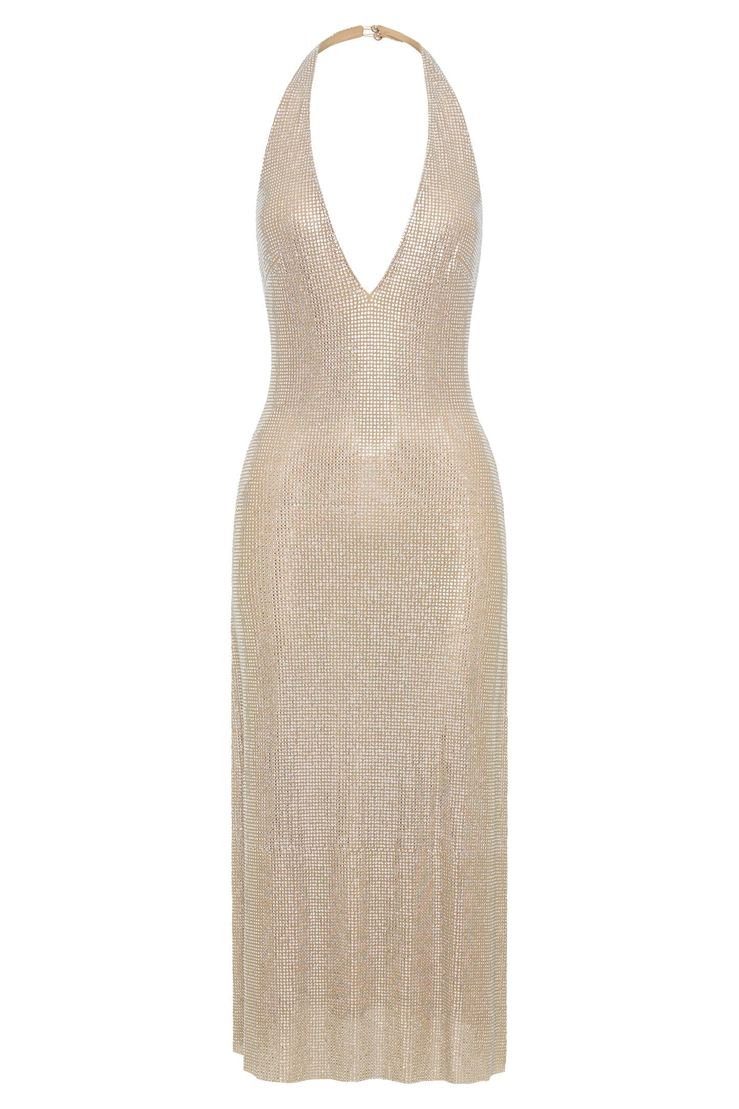 Deep V Neck Halter Sequin Shimmer Metallic Midi Dress
