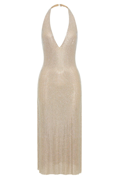Deep V Neck Halter Sequin Shimmer Metallic Midi Dress