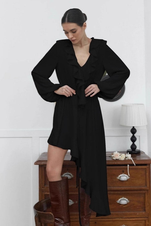 Deep V-Neck Ruffle Bishop Sleeve Asymmetric Ruffle Hem Midi Dress