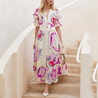 V-Neck Printed Maxi Dress in Blue, Gold, Green, Rose Red, White